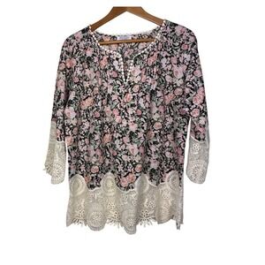 TAMSY Floral Top L Lace Pin tuck Boho Whimsy Fairy Softgirl Feminine Coquette